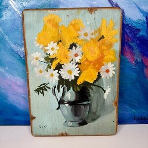 Wood Board Painting Vintage Study Rudolph Colao Daisies signed RSK Cottagecore
